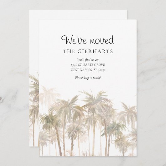 Faire-part Nous avons déplacé des palmiers aquarelles en mouv (Devant / Derrière)