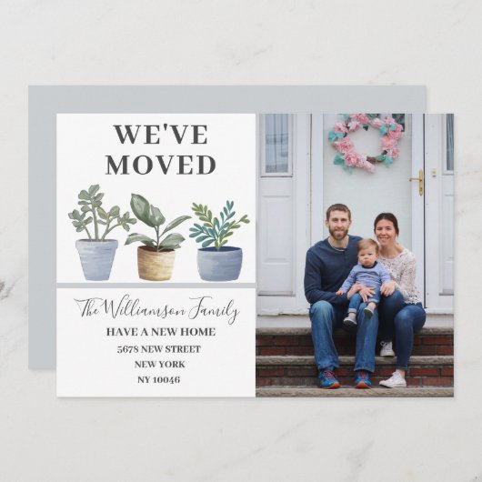 Faire-part Nous avons déplacé Plante pointillés Dusty Blue Fa (Devant / Derrière)