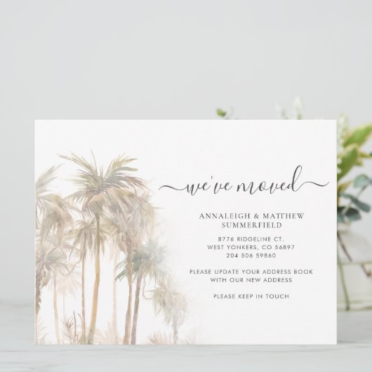 Faire-part Nous avons déplacé Script Palm Trees Aquarelle Mov (Debout devant)