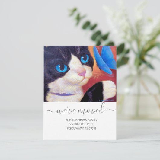 Faire-part Nous avons déplacé Tuxedo Cat Pet Nouveau Script d (Debout devant)