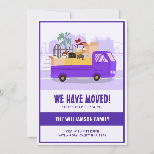 Faire-part Nous avons déplacé un camion violet sur la route (Devant)