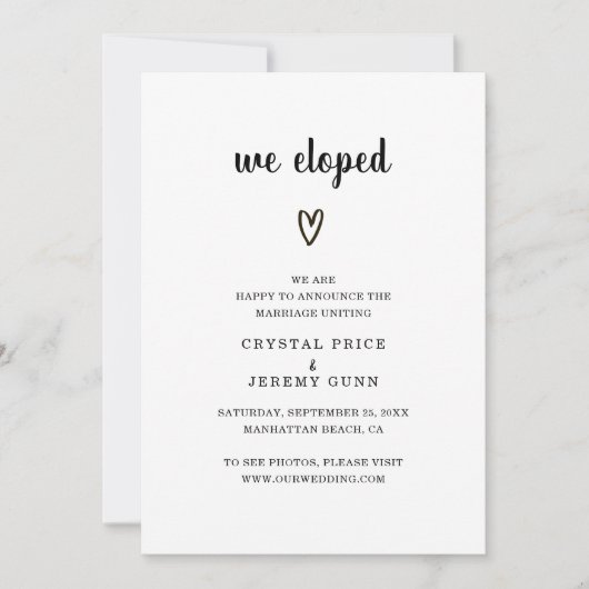 Faire-part Nous avons Elopé Black and White Heart Photo Elope (Devant)