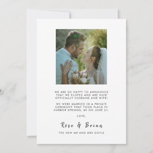 Faire-part Nous avons Elopé Élégant Mariage de script blanc p (Dos)