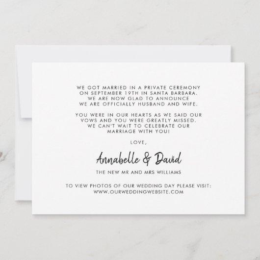 Faire-part Nous Avons Elopé Élégant Mariage Photo (Dos)