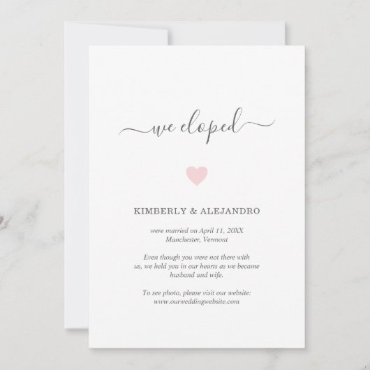Faire-part Nous Avons Elopé Un Mariage De Coeur Rose Cute (Devant)