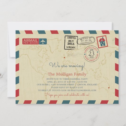 Faire-part Nous déplaçons le courrier aérien | Fête d'adieu (Devant)