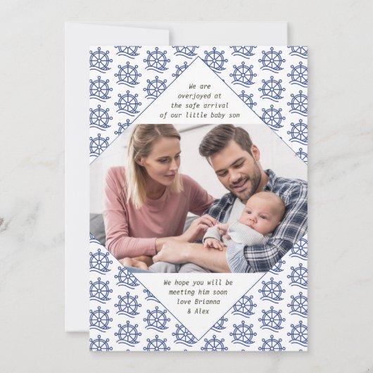 Faire-part Nouveau à l'équipage 2 Photo Blue Nautical Wheel B (Dos)