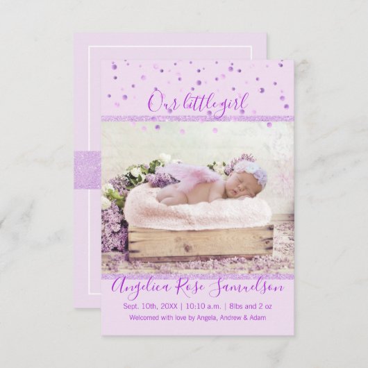 Faire-part Nouveau bébé Fille Naissance Statistiques Lavender (Devant / Derrière)