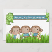 Faire-part Nouveau Bébé Triplets Trois Garçons Joli Singe (Devant)