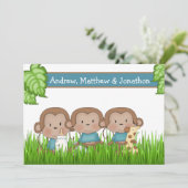 Faire-part Nouveau Bébé Triplets Trois Garçons Joli Singe (Debout devant)