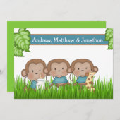 Faire-part Nouveau Bébé Triplets Trois Garçons Joli Singe (Devant / Derrière)