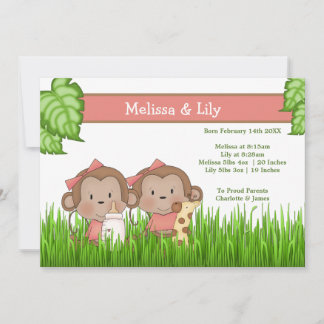 Faire-part Nouveau bébé Twin Girls mignonne singe