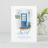 Faire-part Nouveau domicile | Ferme Porte d'aquarelle bleu Co (Debout devant)