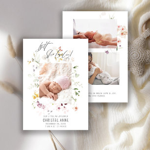 Faire-part Nouveau-né Boho Fleur sauvage Photo Collage Fille 