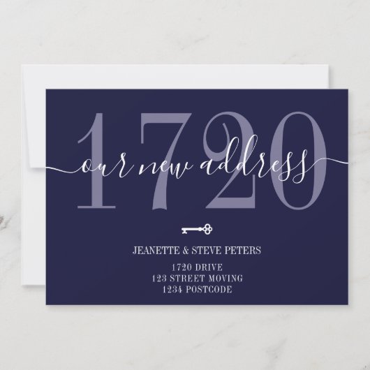Faire-part Nouveau numéro d'adresse marine bleu chic script d (Devant)