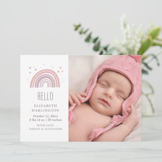 Faire-part Nouvel accouchement avec arc-en-ciel rose et viole (Debout devant)