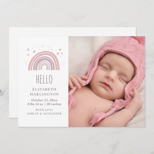 Faire-part Nouvel accouchement avec arc-en-ciel rose et viole (Devant / Derrière)