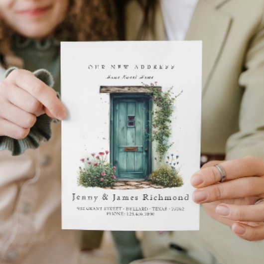 Faire-part Nouvelle adresse I Aquarelle Vert Fleurs de porte