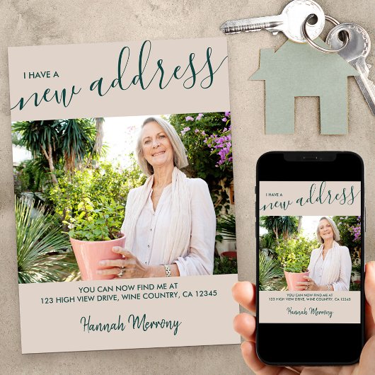 Faire-part Nouvelle adresse photo et élégant script Beige Mov