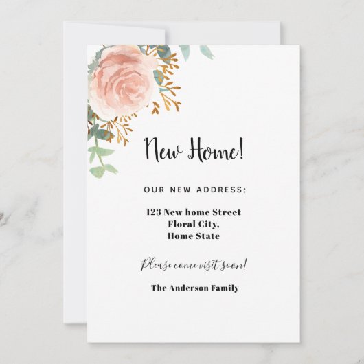 Faire-part Nouvelle adresse rose or floral eucalyptus (Devant)