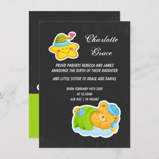 Faire-part Nouvelle Étoile De Bébé Et Ours En Tête Dormant (Devant / Derrière)