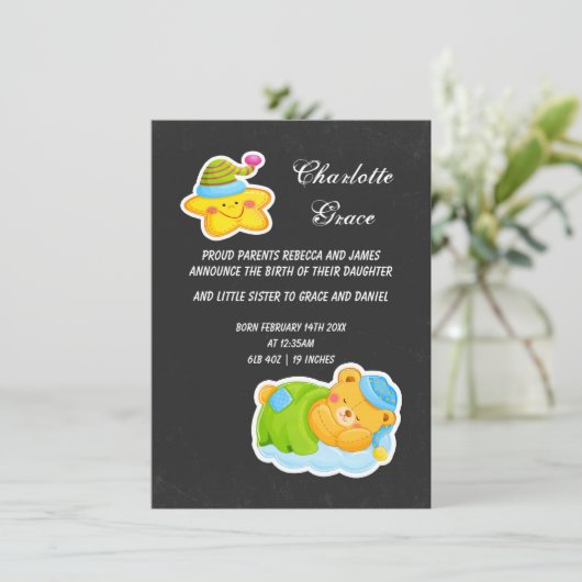 Faire-part Nouvelle Étoile De Bébé Et Ours En Tête Dormant (Debout devant)