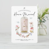 Faire-part Nouvelle maison rose Aquarelle Porte Fleur sauvage (Debout devant)