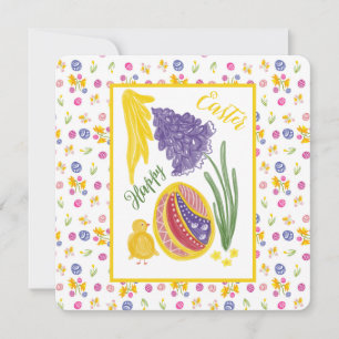 Faire-part Œuf de Pâques décoré, poulet et soleil joyeuses Pâ