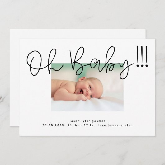 Faire-part Oh Baby noir sur blanc moderne Funky Fun Baby (Devant / Derrière)