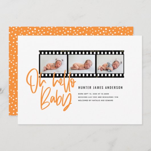 Faire-part Oh Bonjour bébé graphique moderne multi-photo film (Devant / Derrière)