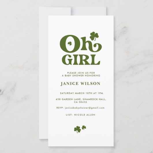Faire-part Oh Girl St.Patrick's Day Baby shower Evite numériq (Devant)