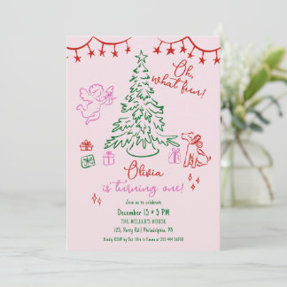 Faire-part Oh What Fun whimsical Christmas tree 1st birthday