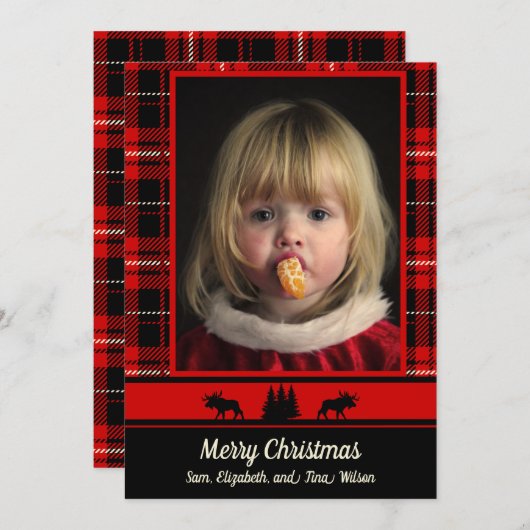 Faire-part Oie dans les Bois Rouge Plaid Photo Noël (Devant / Derrière)