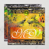 Faire-part OISEAUX AMOUREUX MARIAGE MONOGRAMME noir jaune ver (Devant / Derrière)