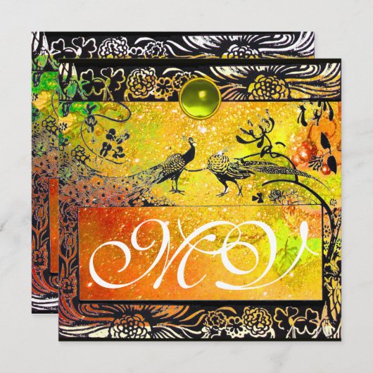 Faire-part OISEAUX AMOUREUX MARIAGE MONOGRAMME noir jaune ver (Devant / Derrière)