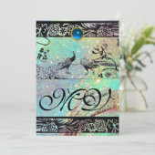 Faire-part OISEAUX AMOUREUX MONOGRAMME mariage noir vert bleu (Debout devant)