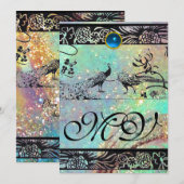 Faire-part OISEAUX AMOUREUX MONOGRAMME mariage noir vert bleu (Devant / Derrière)