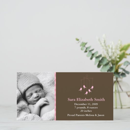 Faire-part Oiseaux roses Bébé Mobile Annonces de naissance (Debout devant)