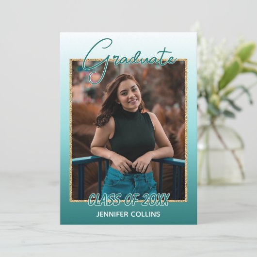 Faire-part Ombre Turquoise Bleu Vert Parties scintillant Or G (Debout devant)