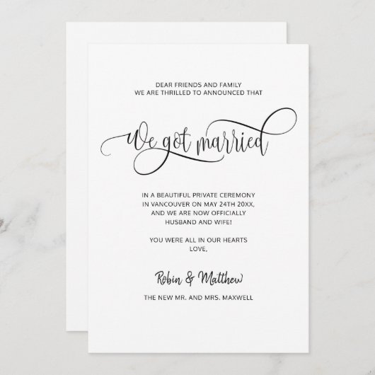 Faire-part On s'est marié, Élégant Mariage marié moderne (Devant / Derrière)