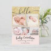 Faire-part or rose pâle 5 grille photo bébé fille naissance (Debout devant)