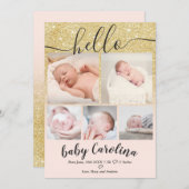 Faire-part or rose pâle 5 grille photo bébé fille naissance (Devant / Derrière)