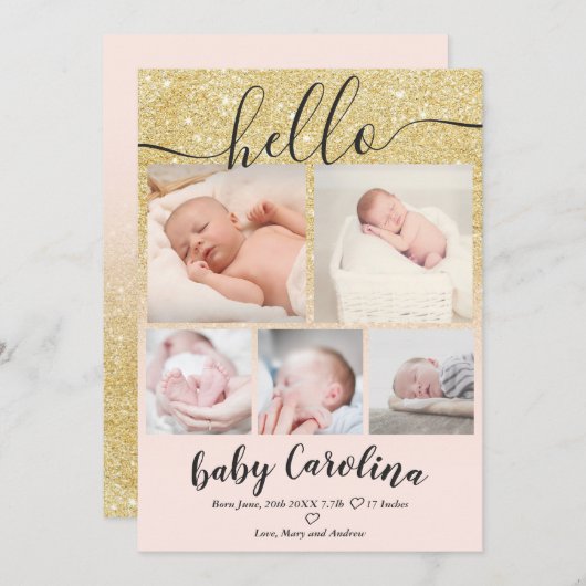 Faire-part or rose pâle 5 grille photo bébé fille naissance (Devant / Derrière)