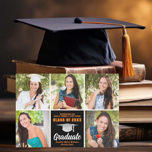 Faire-part Orange Black Graduate Photo Collage Graduation