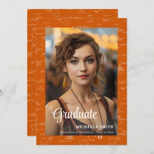 Faire-part Orange Math College Script Photo Graduation (Devant / Derrière)
