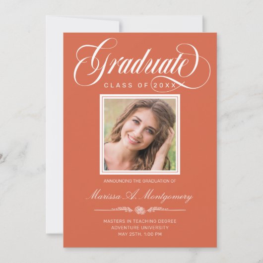 Faire-part Orange White Script Deux diplômes de l'Université  (Devant)