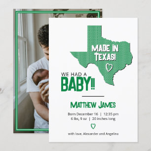 Faire-part Oreille verte Fabriquée au Texas Photo Baby