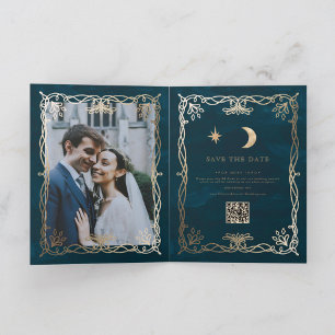 Faire-part Ornement Indigo Médiéval Mariage à la Vigne en Or