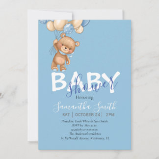 Faire-part Ours en peluche, bleu Ballons Baby shower Invitati