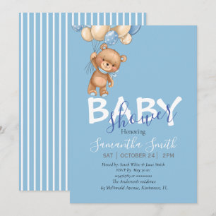 Faire-part Ours en peluche, bleu Ballons Baby shower Invitati